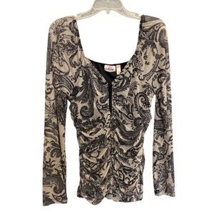 Willow + Root Whimsigoth Romantic Mesh Top Tan Black Paisley Festival Lace Up XL